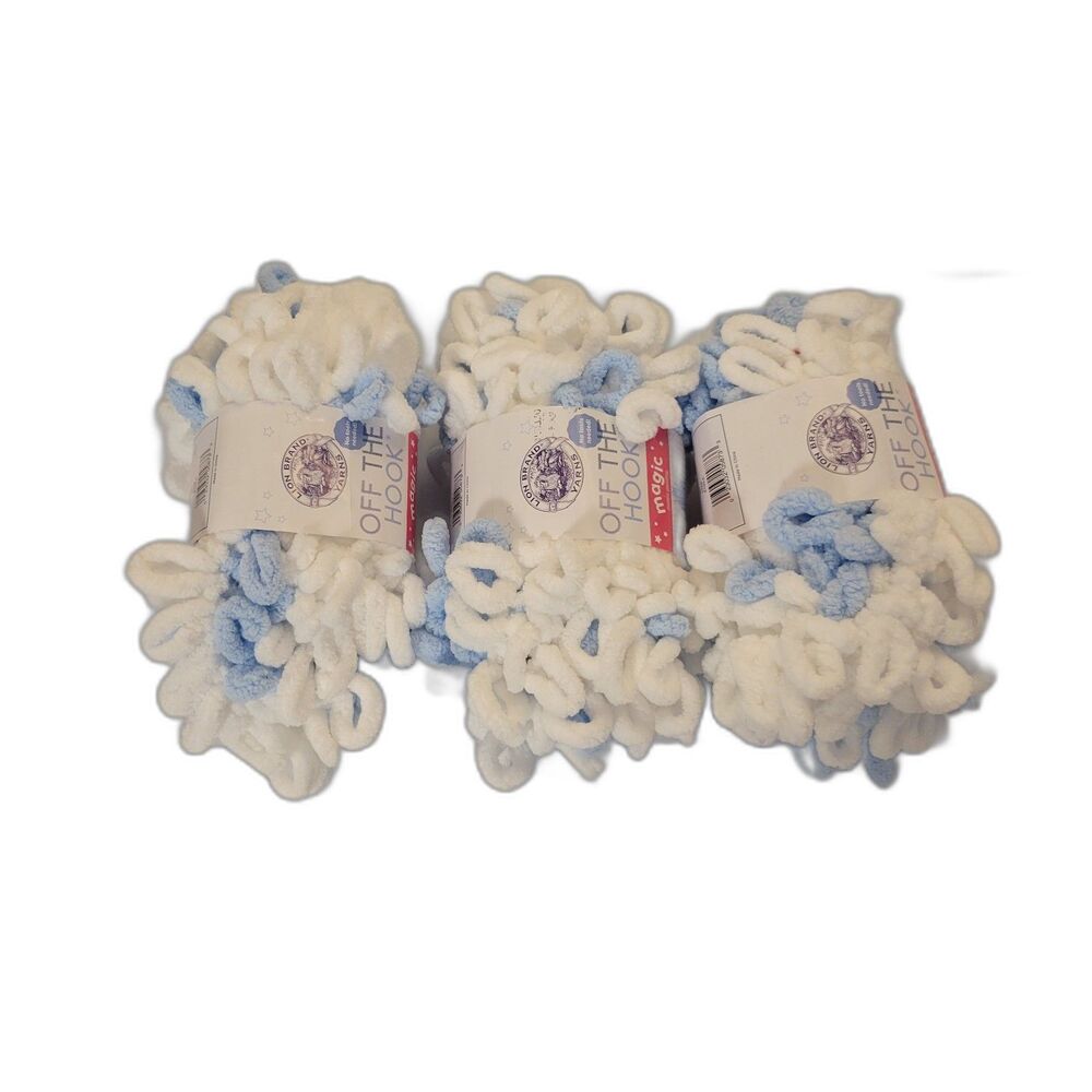 Lion Brand Off The Hook Magic Yarn - "Star" Baby Blue & White Loop Yarn Lot of 3